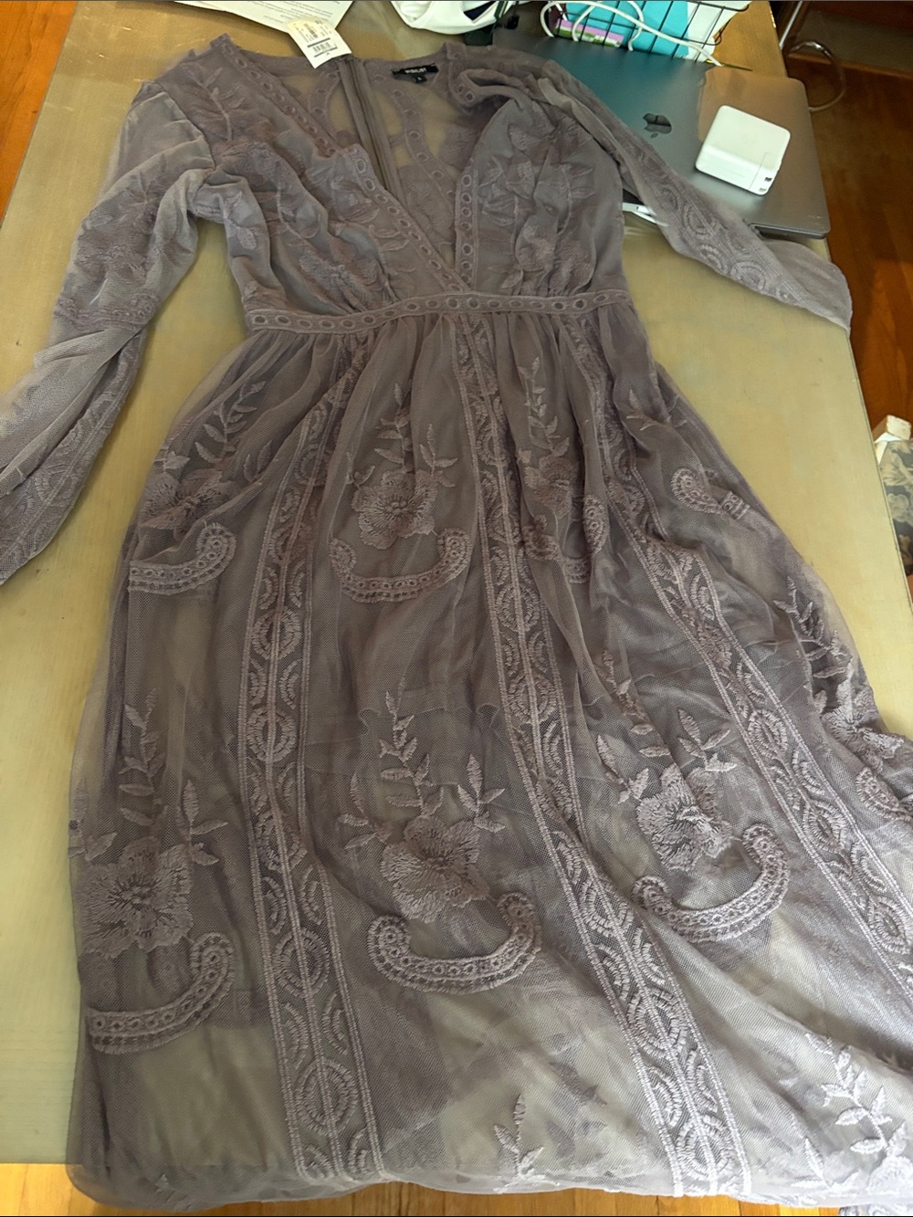 Wishlist Taupe Embroidered Long-Sleeve V-Neck Dress